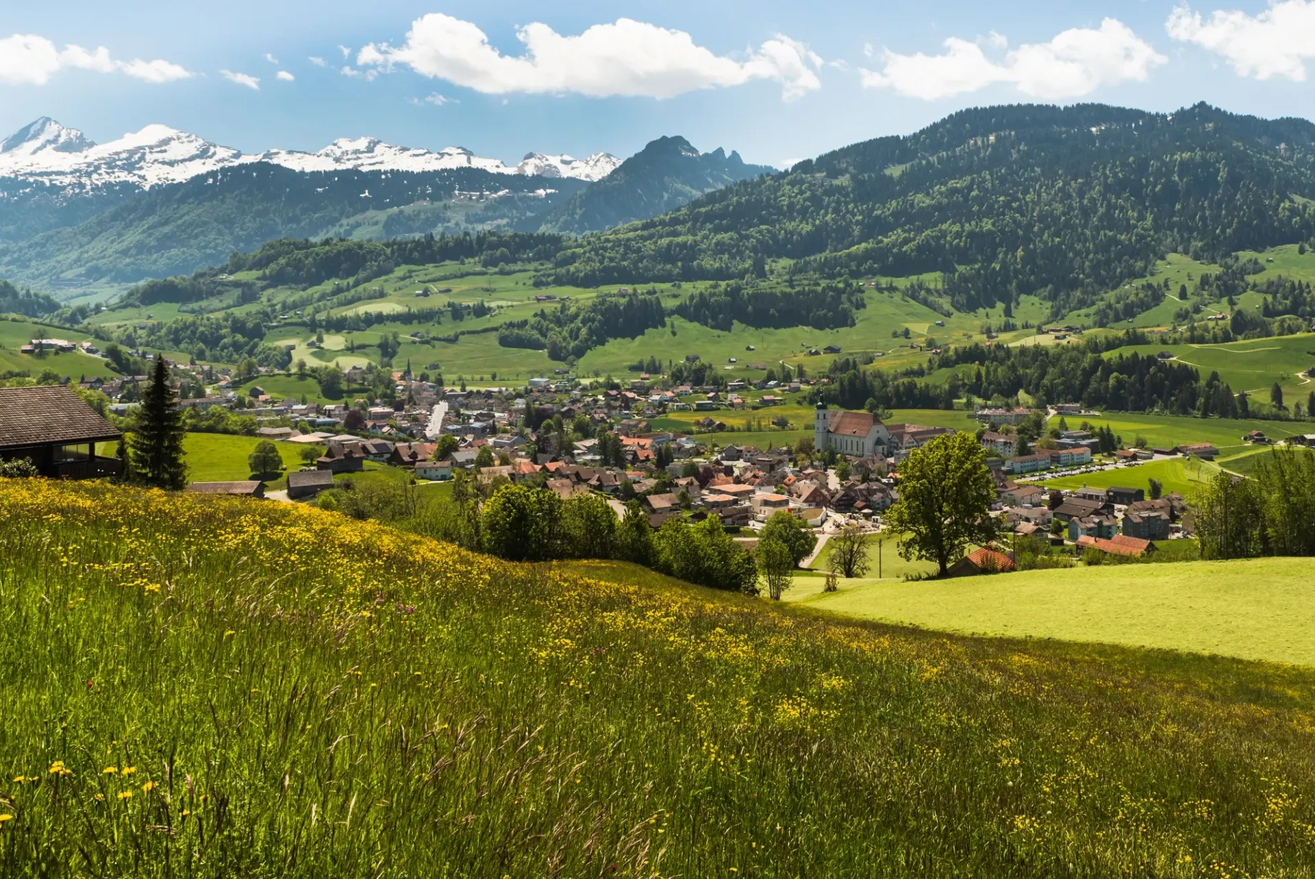 Ein bezauberndes Dorf eingebettet in ein üppig grünes Alpental mit schneebedeckten Berggipfeln unter einem sonnigen blauen Himmel.