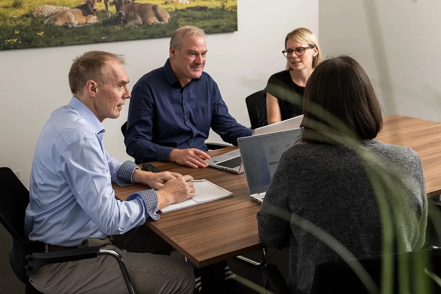 Vier Fachleute sitzen in einem Büro um einen Holztisch und diskutieren angeregt mit ihren Laptops über ein Projekt.