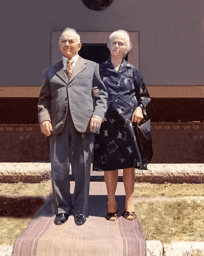 Two people stand arm in arm on a sidewalk in front of a building, wearing formal clothes.