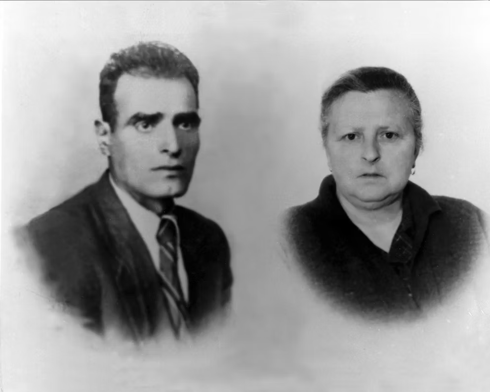Black-and-white studio portraits of two people, a man in a suit and a woman in dark clothing.