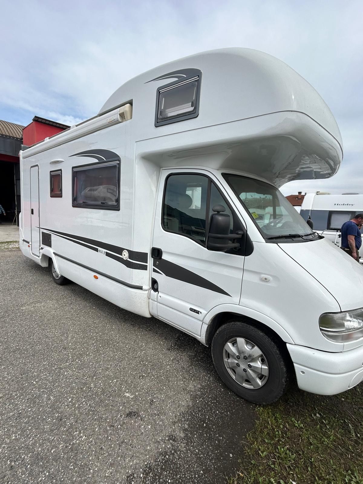 Camper bianco parcheggiato sul marciapiede con un edificio rosso sullo sfondo.