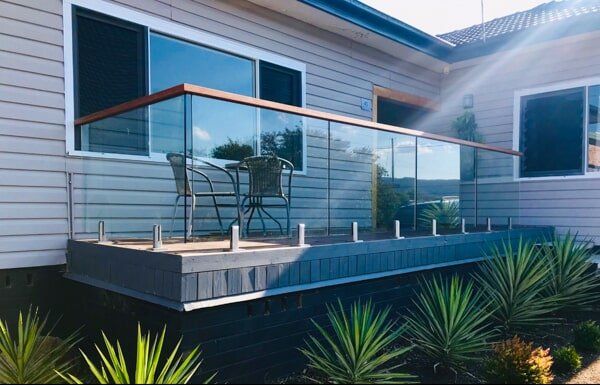 Glass Balustrades With Wood Railing — Splashbacks in Cessnock, NSW