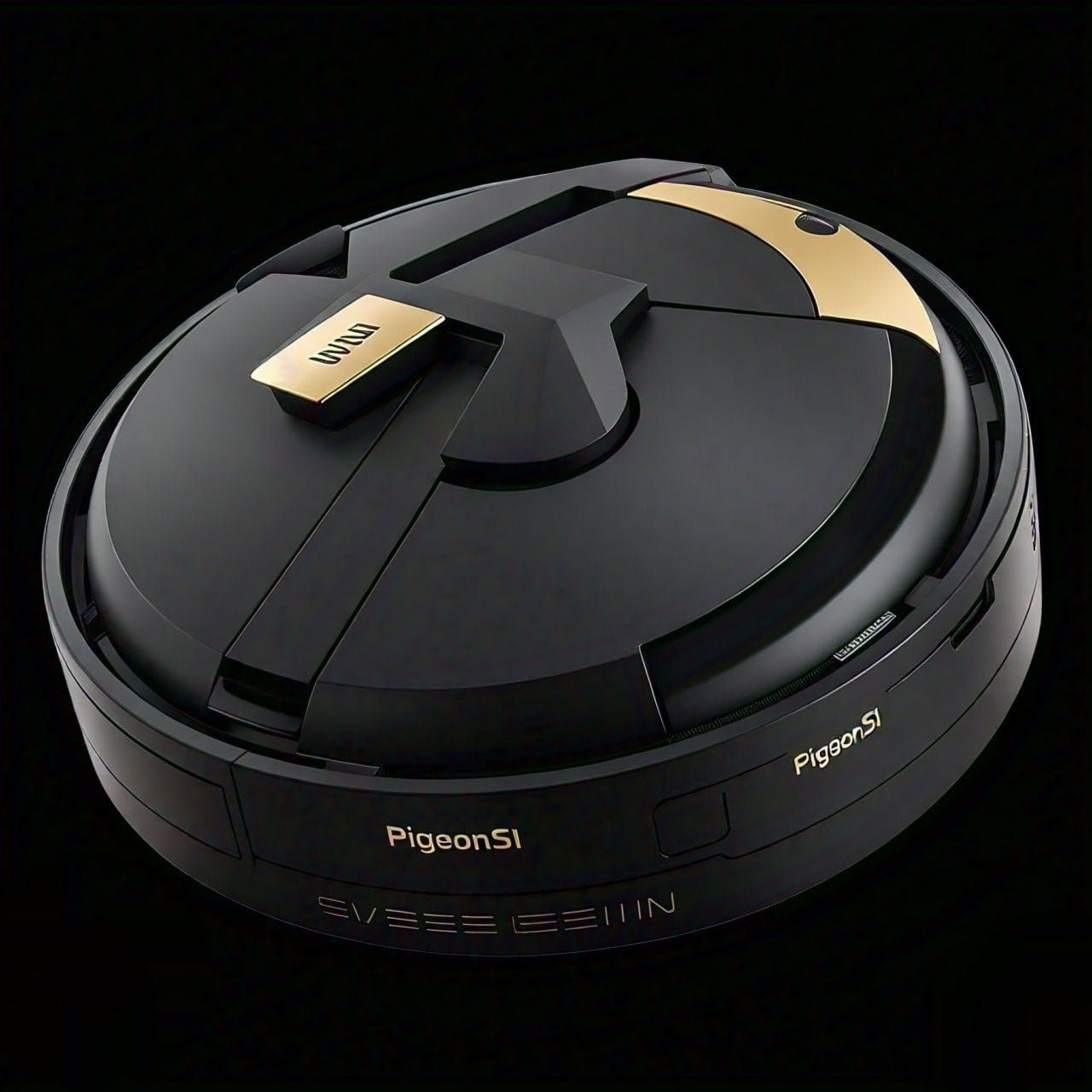 Um aspirador de pó pigeon s1 preto e dourado em um fundo preto