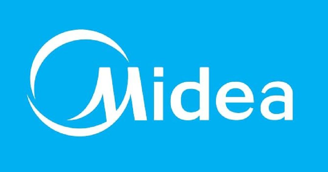 O logotipo da midea é branco sobre fundo azul.