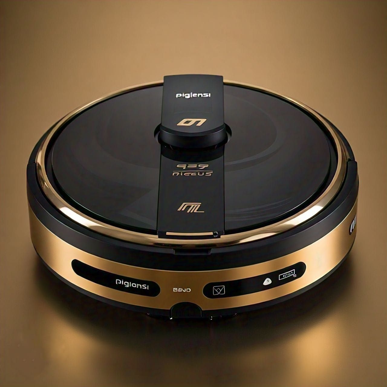 Um aspirador de pó robótico preto e dourado está sobre uma mesa