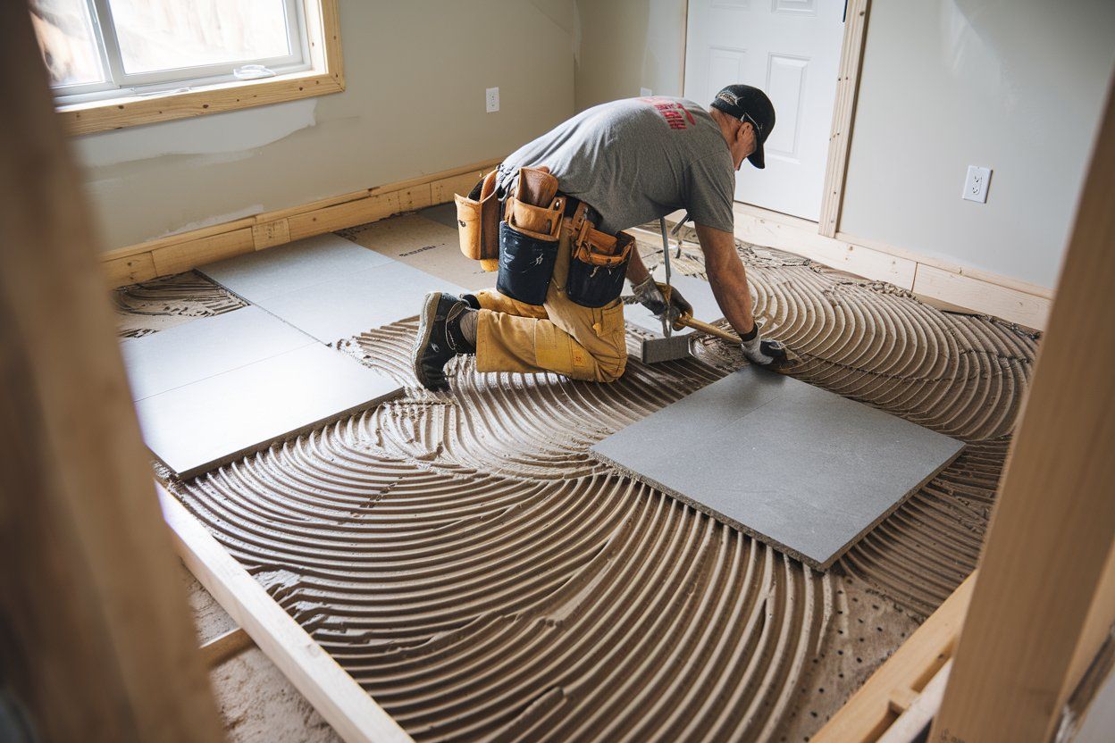Man installing floor tiles, spreading adhesive with a trowel, in a room under construction.