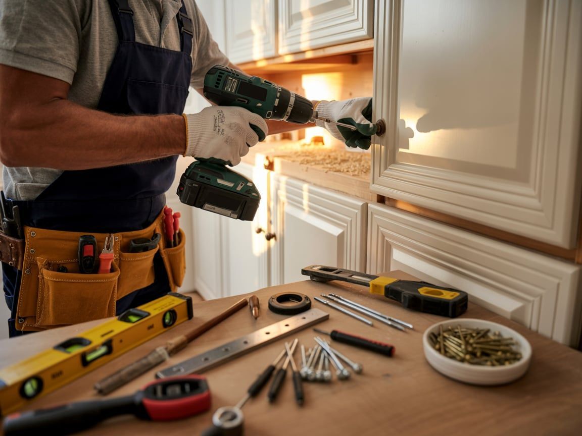 Handyman using a drill on a white cabinet, tools and hardware on a nearby surface.