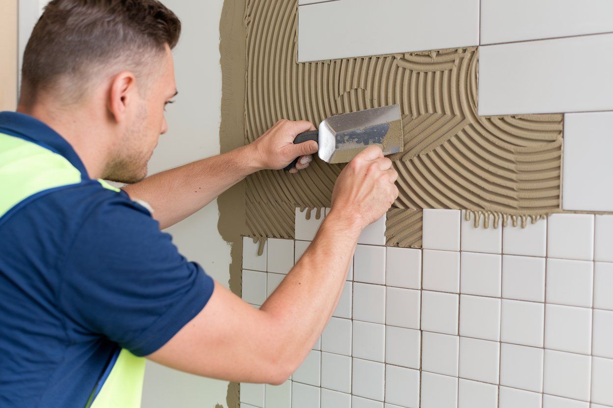 Man applying mortar to wall with trowel, installing white tiles.