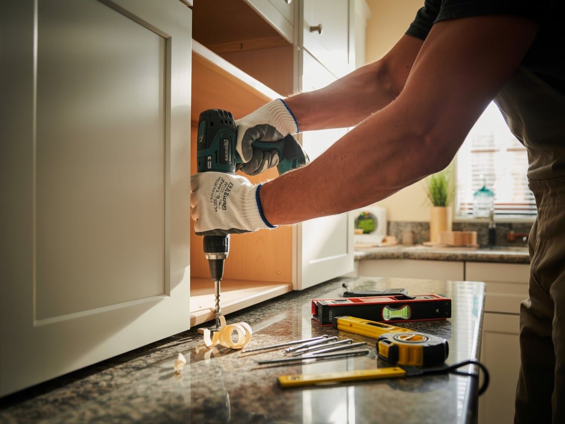 Person using a drill to install hardware on a kitchen cabinet.