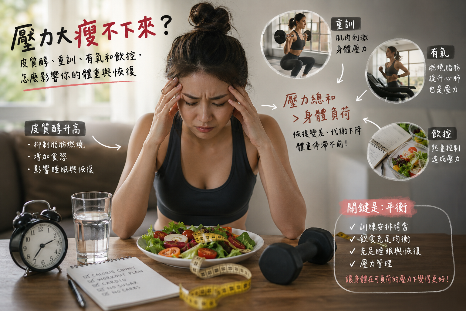一名女性面對健康餐與訓練筆記，表情疲憊，畫面呈現壓力大瘦不下來、皮質醇、重訓、有氧與飲控之間的關係，提醒讀者觀察體重卡住是否與恢復不足有關。