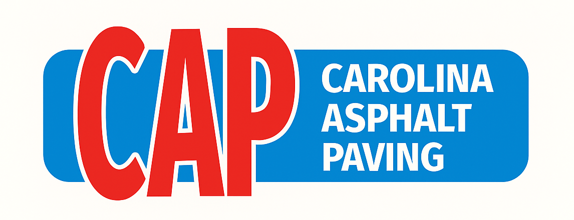 Logo for Carolina Asphalt Paving: red "CAP" over blue; "Carolina Asphalt Paving" in white text.