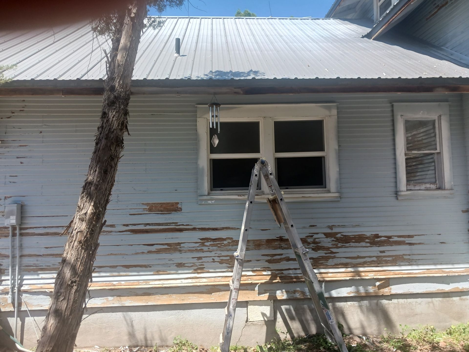 A ladder is sitting on the side of a house