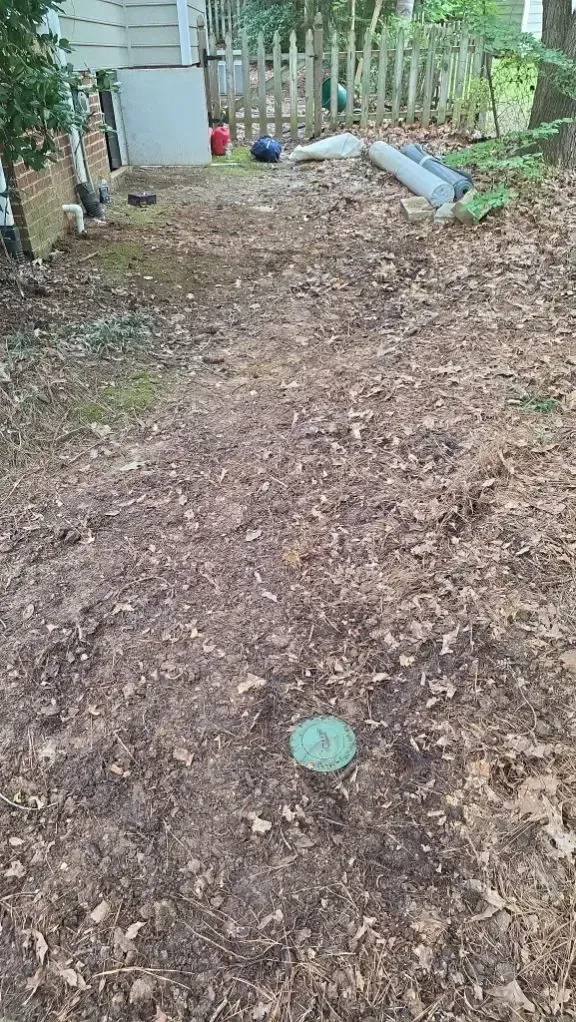 A dirt backyard with a green circular object in the foreground, near a house and fence.