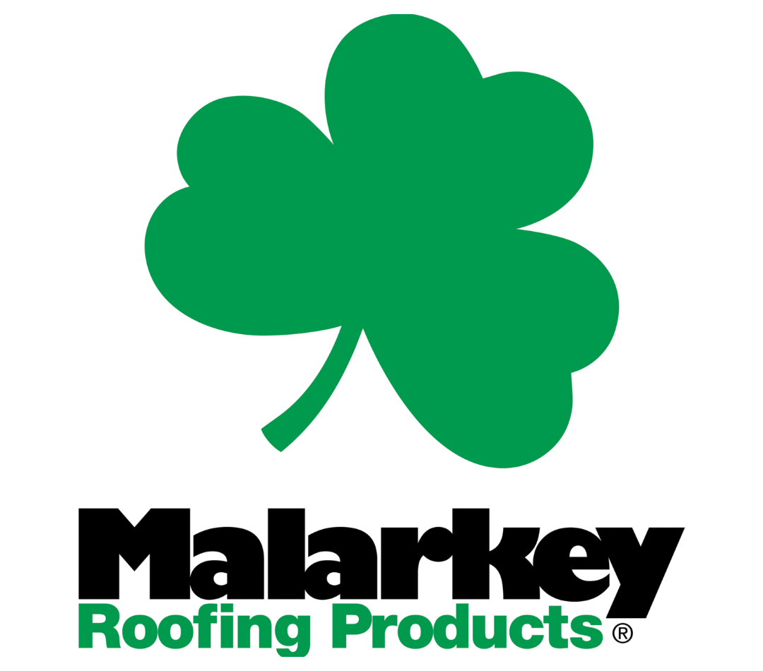 A logo for malarkey roofing products with a green shamrock