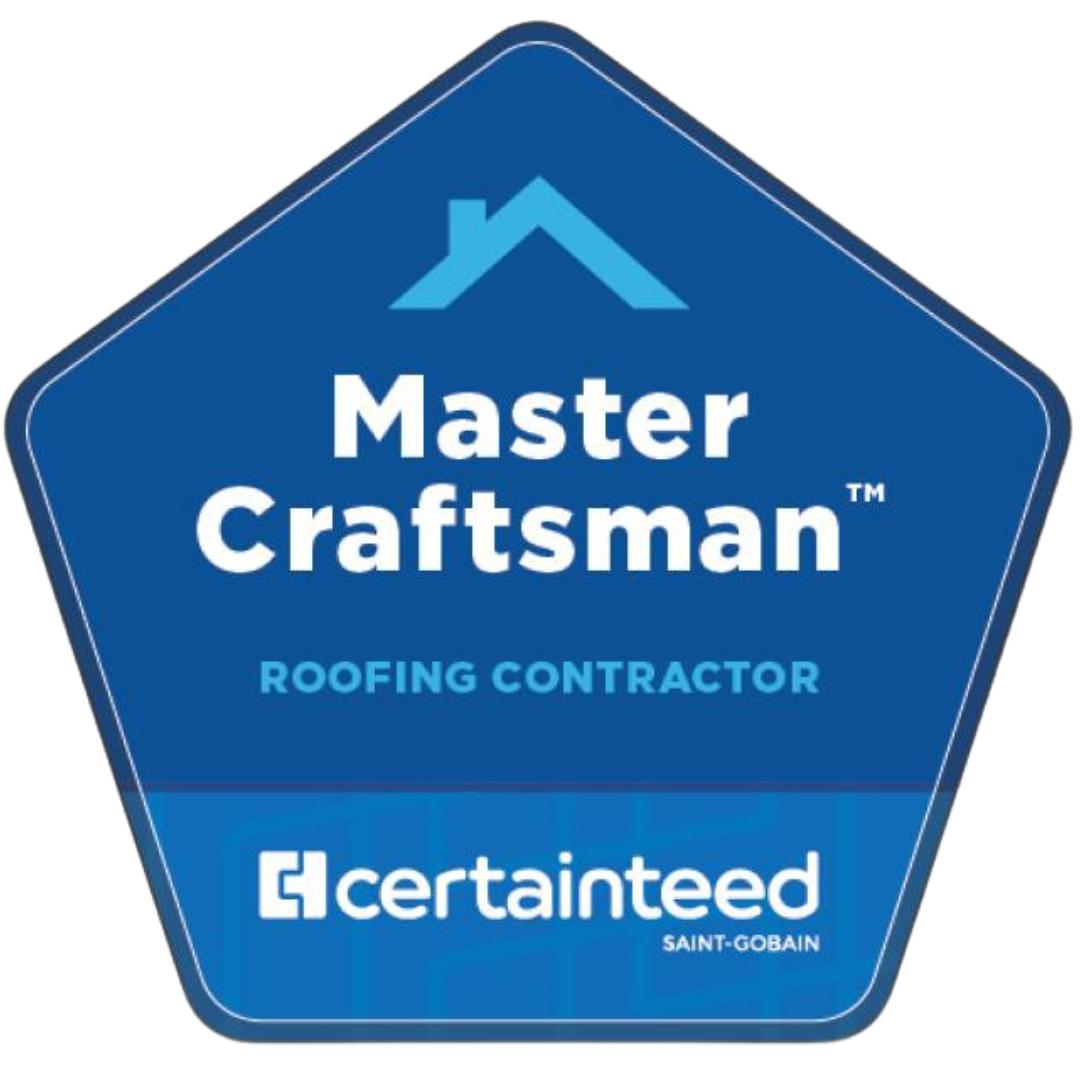 A blue master craftsman roofing contractor sticker