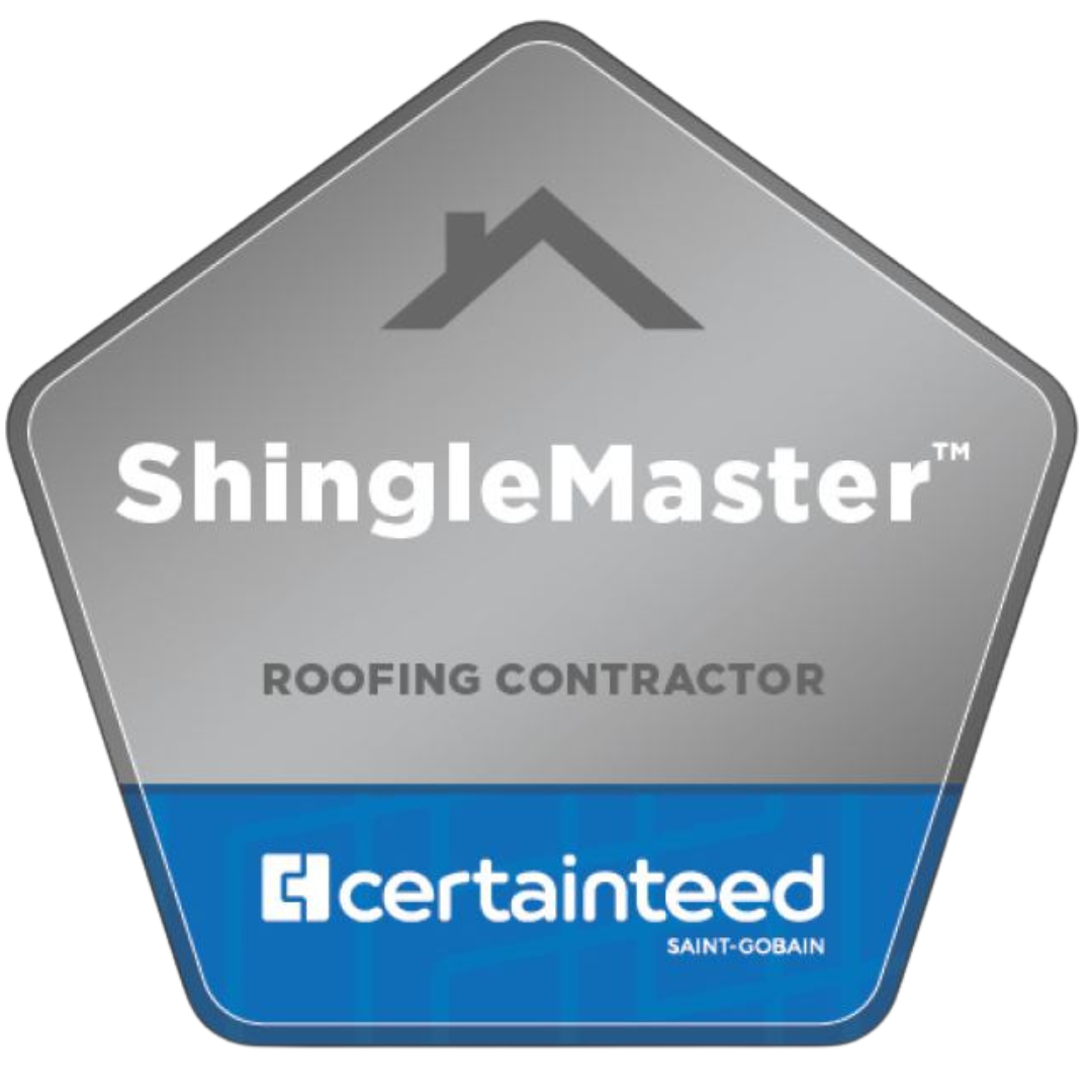A silver shinglemaster roofing contractor badge