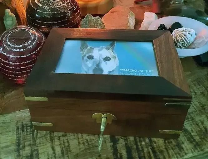 A Wooden Box With A Picture Of A Dog On It — Angels for Pets In Emerald, QLD