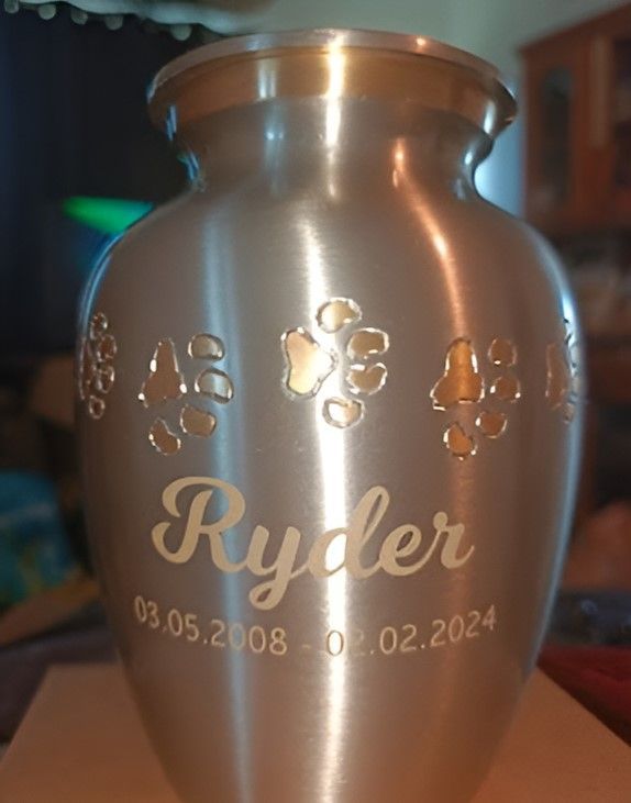 A Silver Vase With The Name Ryder On It — Angels for Pets In Rockhampton, QLD