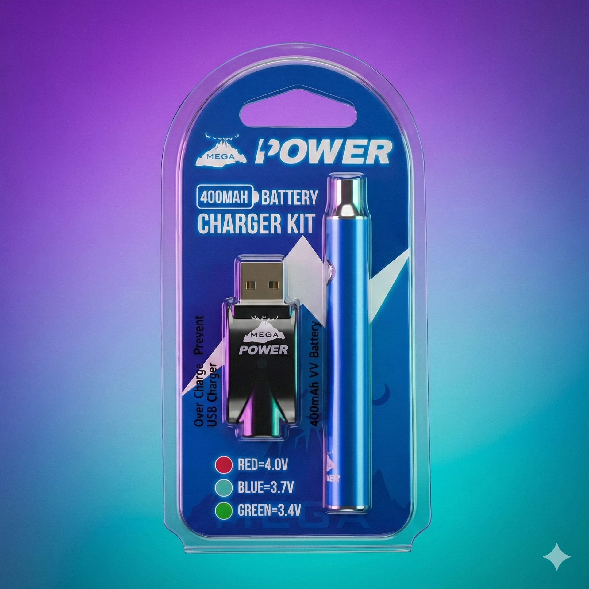 Blue vape pen and USB charger kit in plastic packaging against a gradient backdrop.