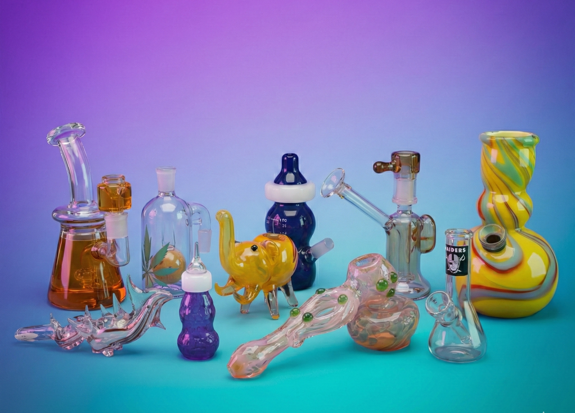 Collection of colorful glass pipes and bongs on a gradient purple/blue background.