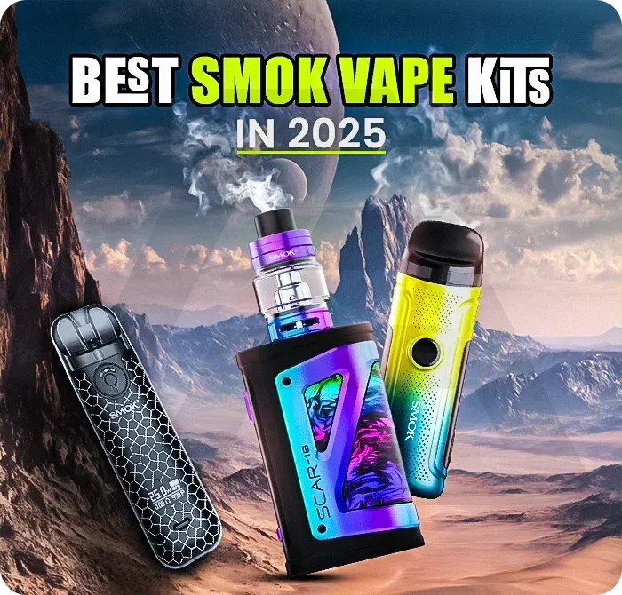 Vape kits: Smok brand. Futuristic scene, three colorful devices, text