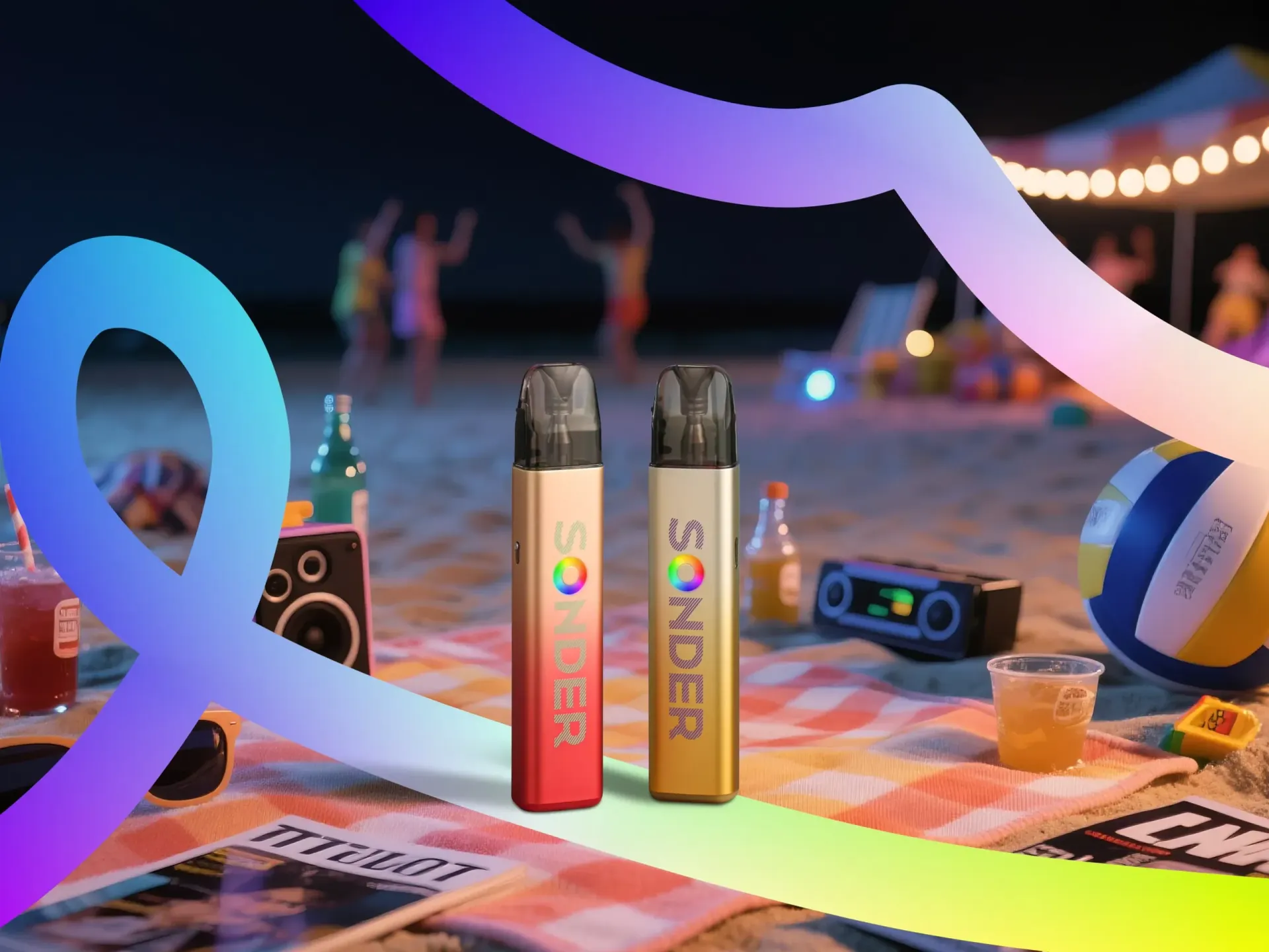 Two vapes on a beach picnic, people dancing, colorful abstract overlay, nighttime scene.