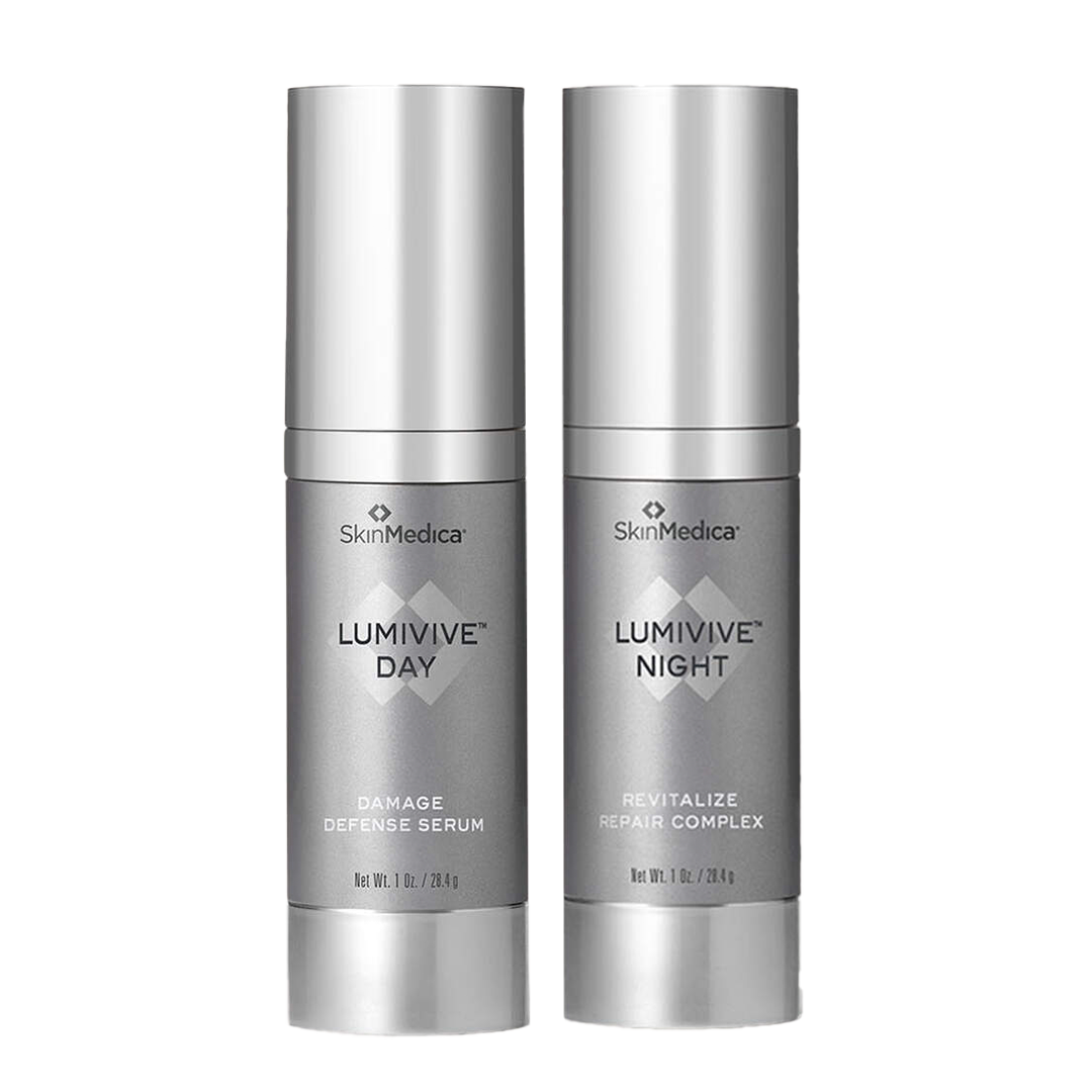 Two bottles of luminive day and luminive night on a white background.