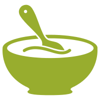 a green icon depicting a bowl of soup with a spoon in it.