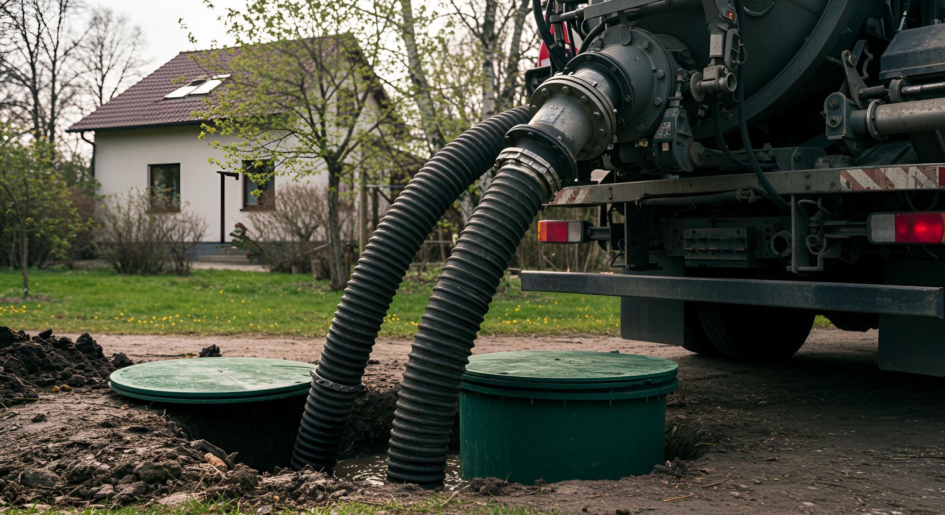Professional septic pumping truck vacuuming waste from a residential underground tank system.