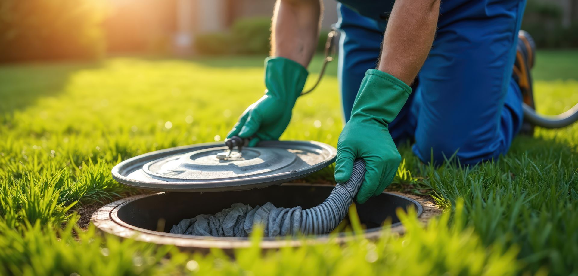 Worker in green gloves inserting a vacuum hose for residential septic pumping and tank maintenance. Worker in green gloves inserting a vacuum hose for residential septic pumping and tank maintenance.