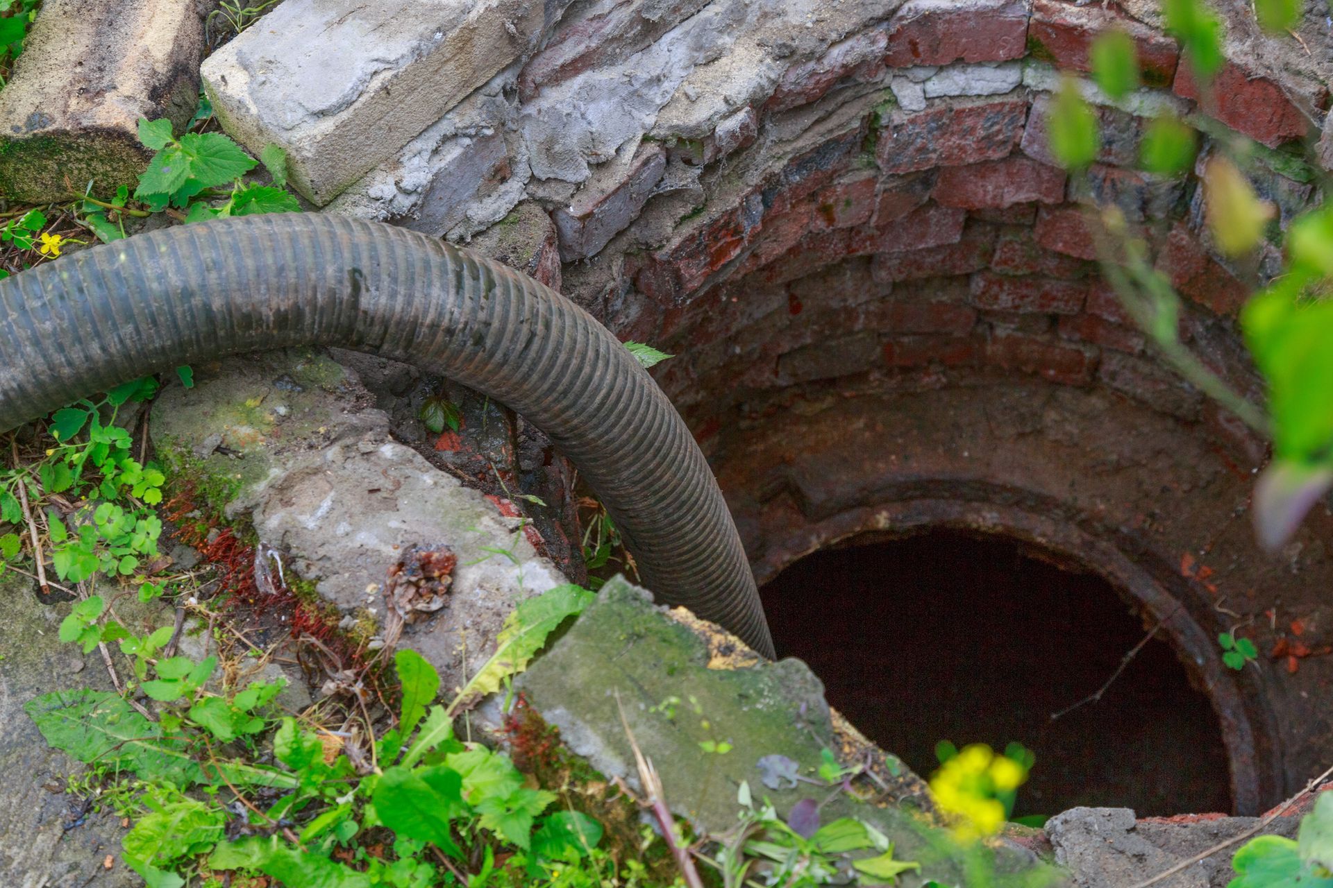 Pipe of a sewage pumping machine pumping from a septic well.