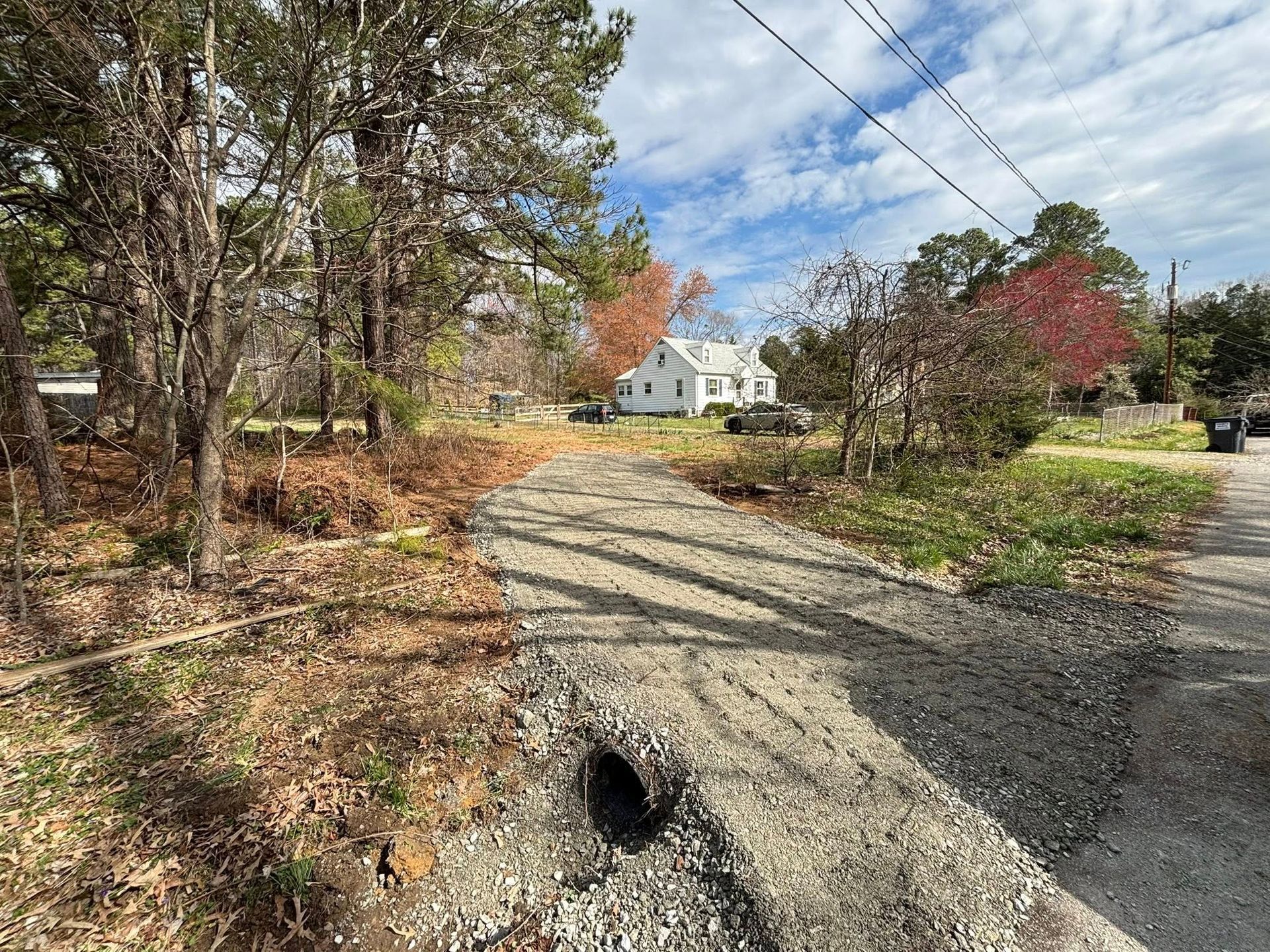 A dirt road with a house in the background and trees on the side.