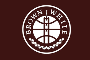 a brown and white logo with a basketball in the center