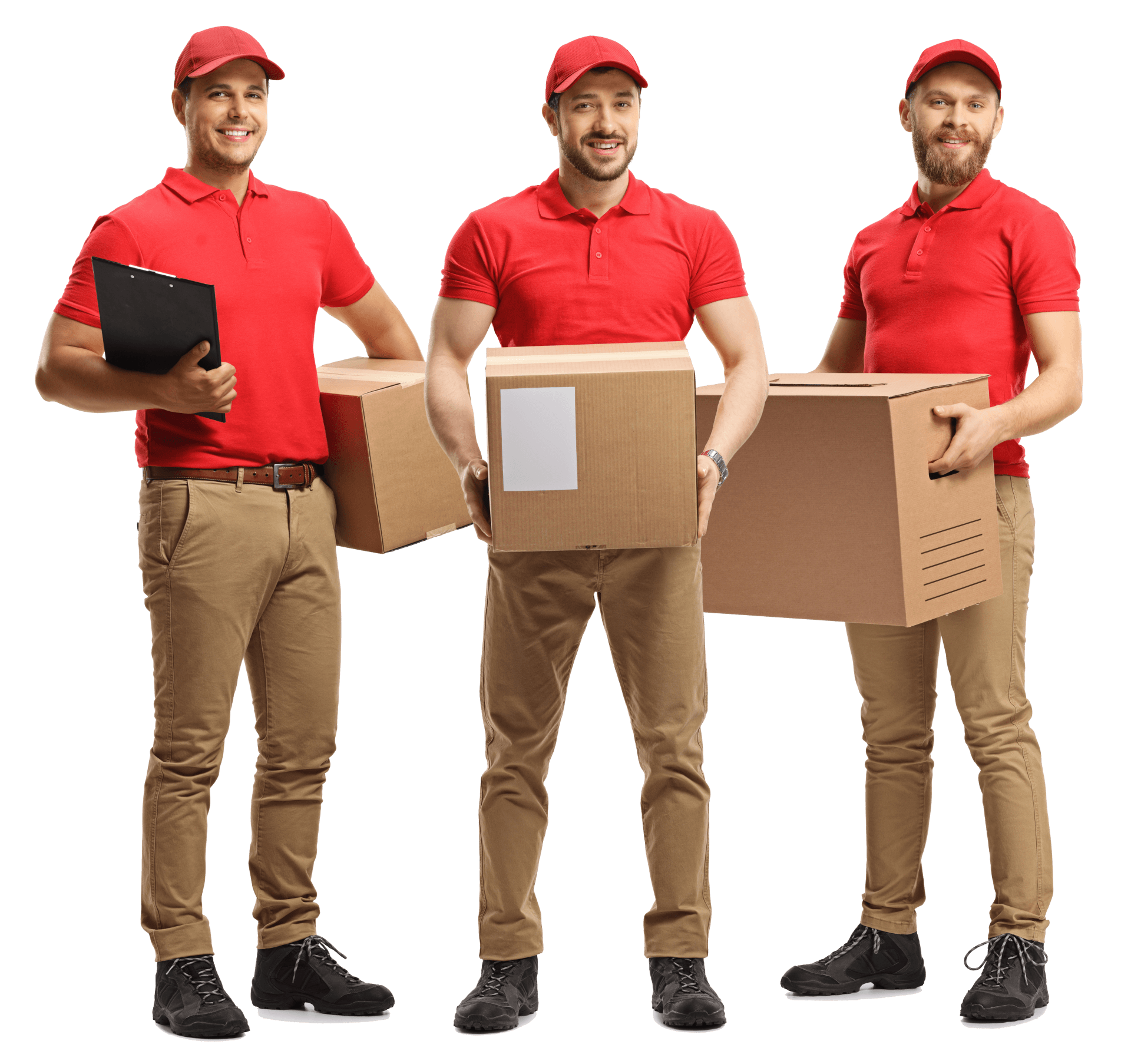 Three handsome delivery courier holding a box