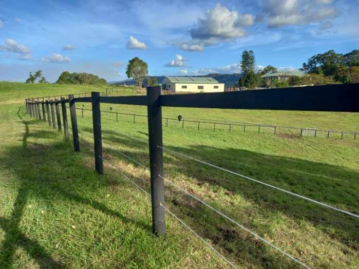 Black fence with white wires, in a grassy field, under a blue sky. — Keith Dellit Rural Fencing in Yandina Creek, QLD 