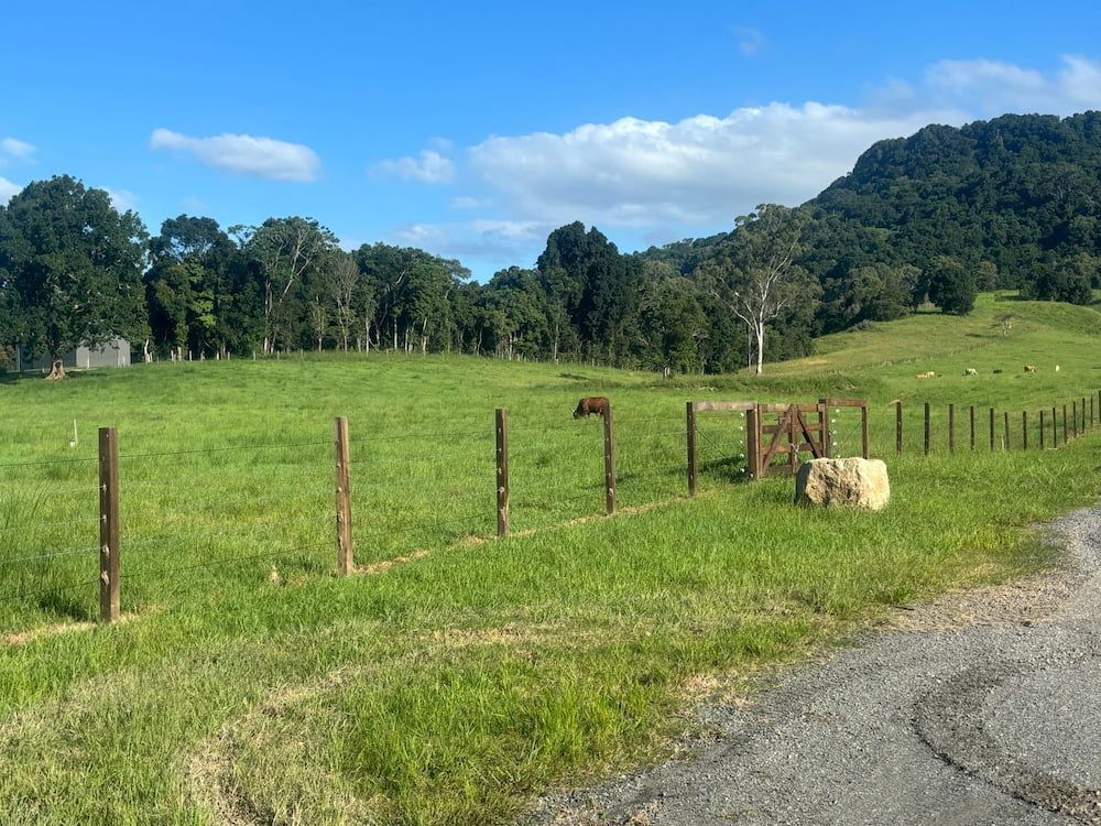 Green Field With Wooden Fence, Gate, and a Hill in the Background — Keith Dellit Rural Fencing in Yandina Creek, QLD