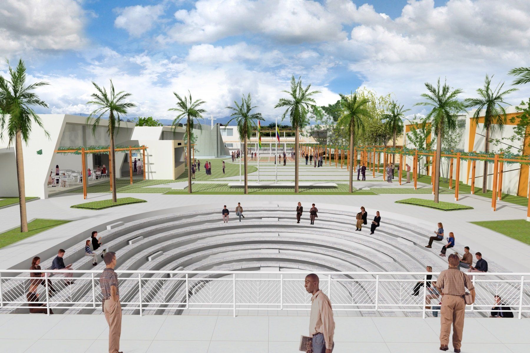 Una impresión artística de un gran anfiteatro rodeado de palmeras.