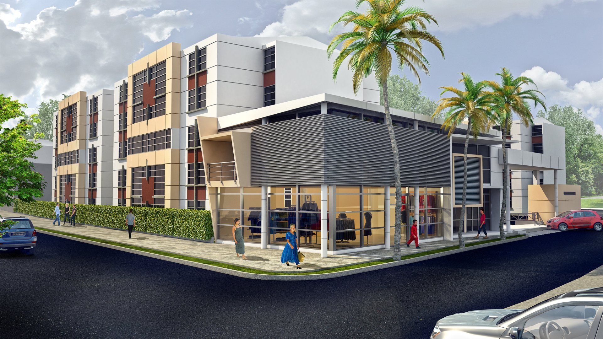 Una impresión artística de un edificio con autos estacionados frente a él