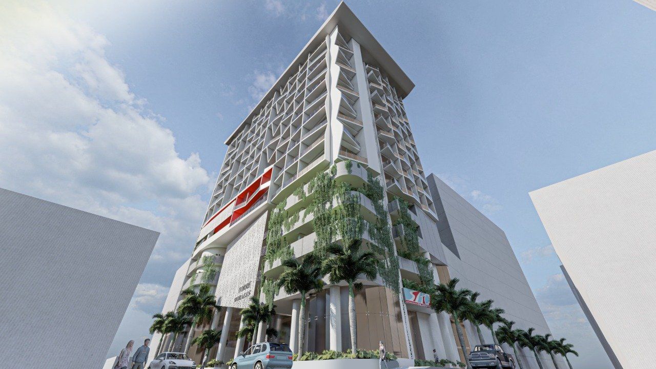 Una impresión artística de un edificio alto con palmeras a los lados.