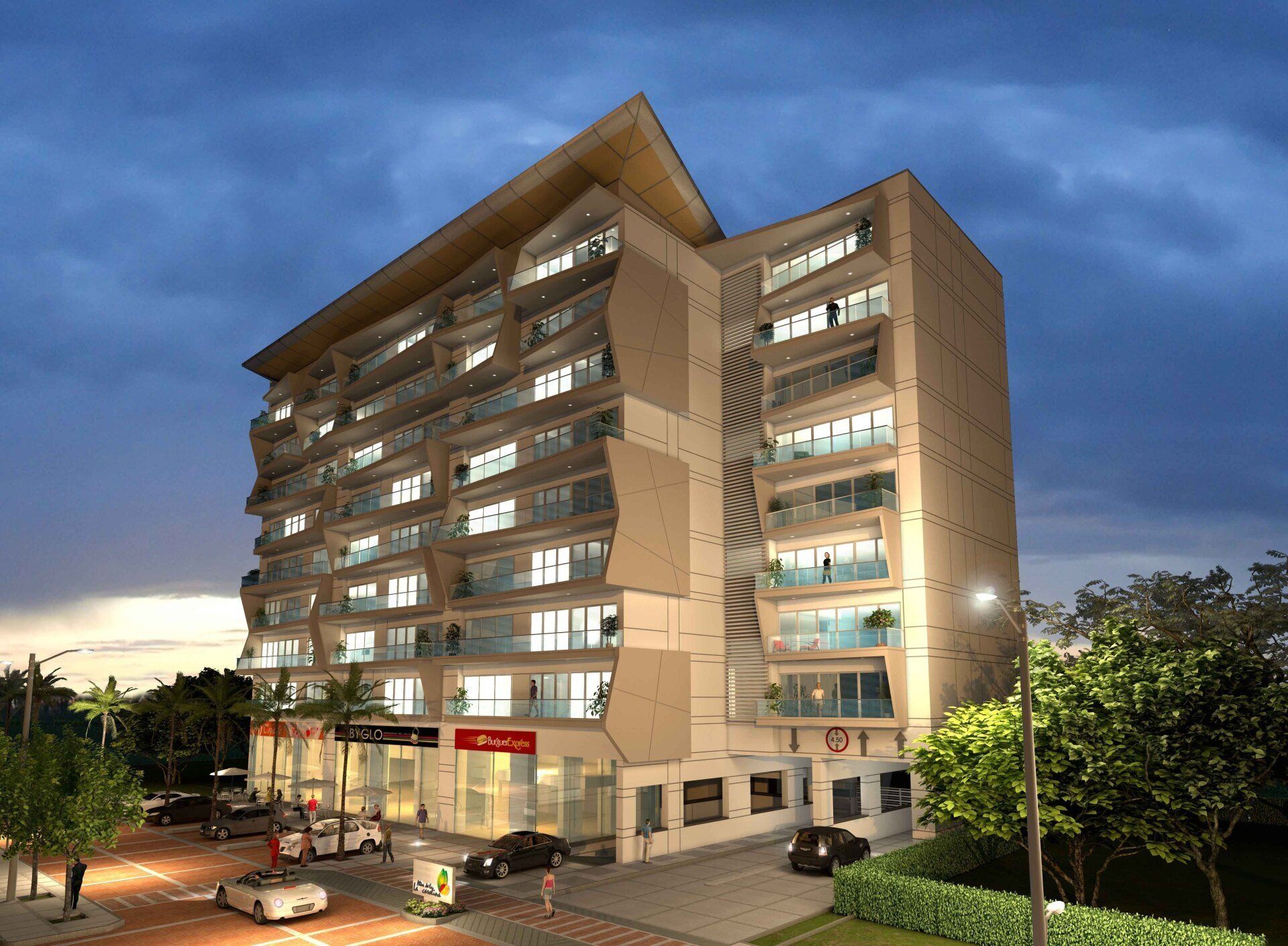 La impresión de un artista de un edificio alto en la noche