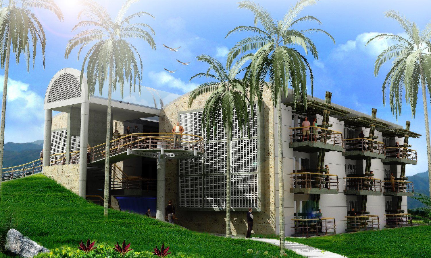 Una impresión artística de un hotel con palmeras frente a él