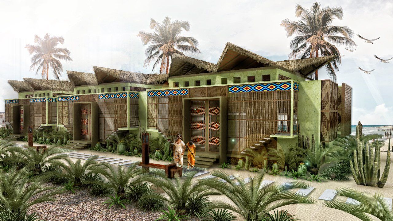 Una impresión artística de una casa en una playa con palmeras al fondo.