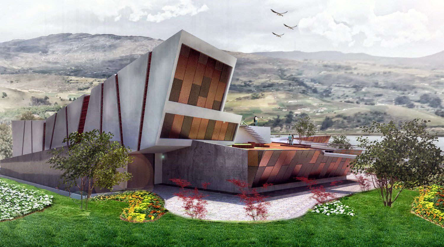 Un gran edificio se encuentra en la cima de una exuberante ladera verde.