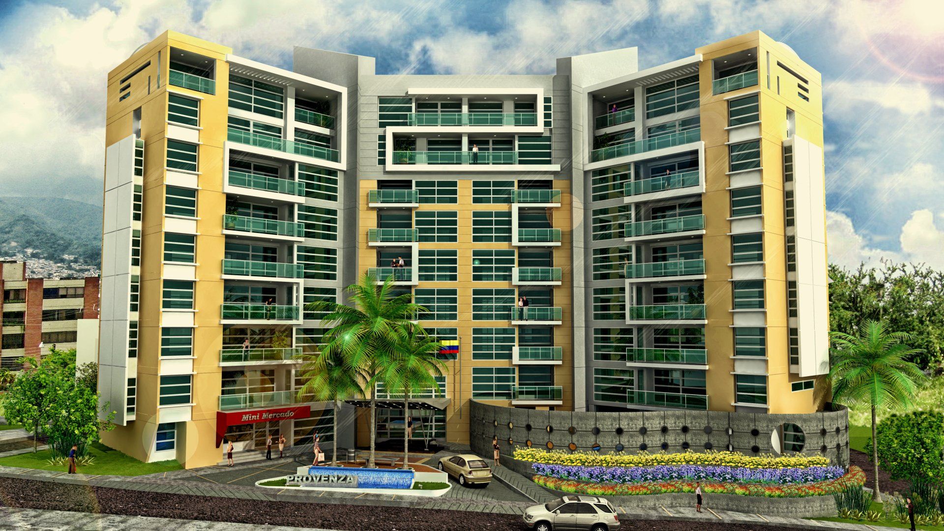 Una impresión artística de un edificio alto con una piscina frente a él.