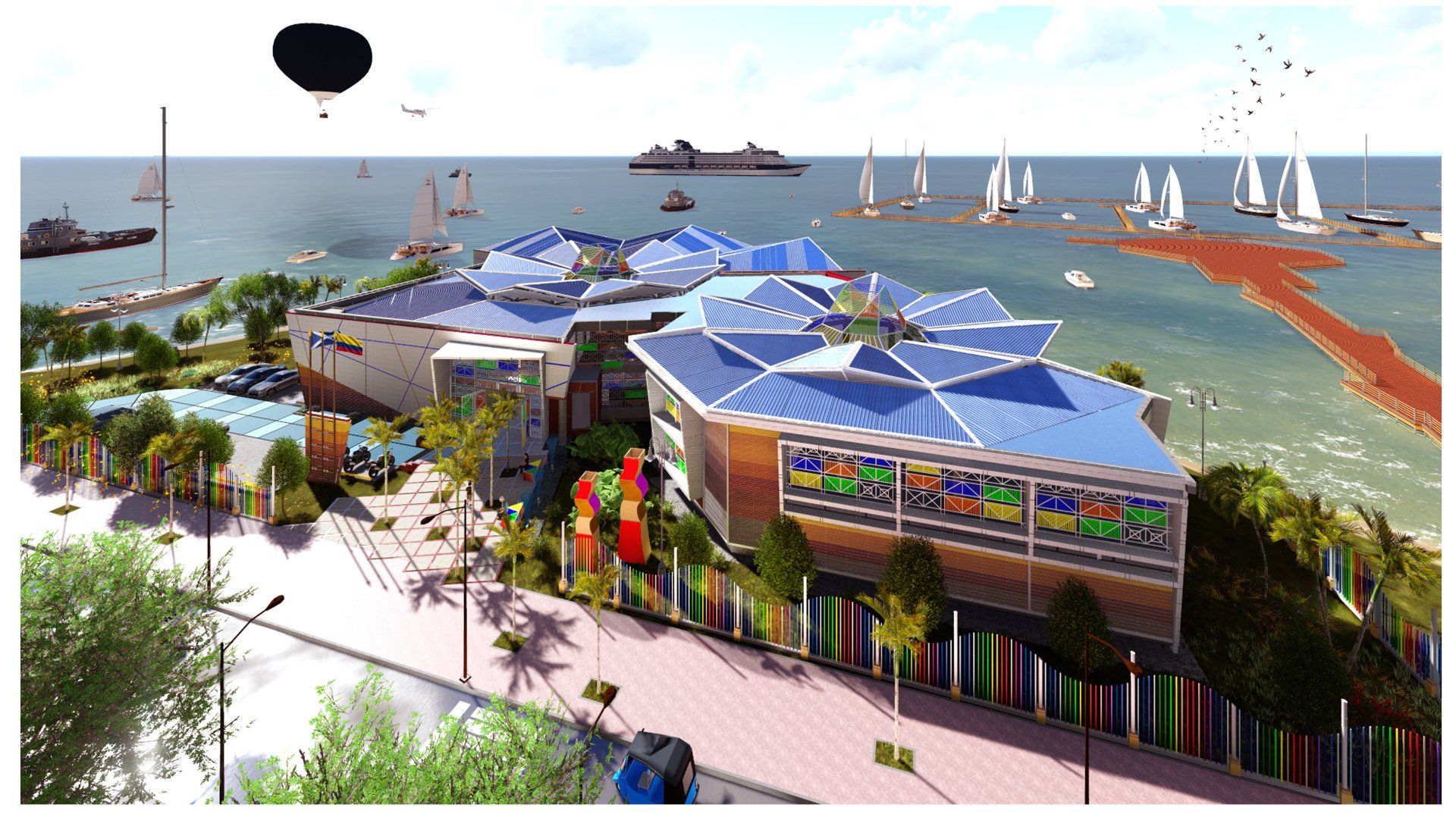 Una vista aérea de un edificio al lado de un cuerpo de agua