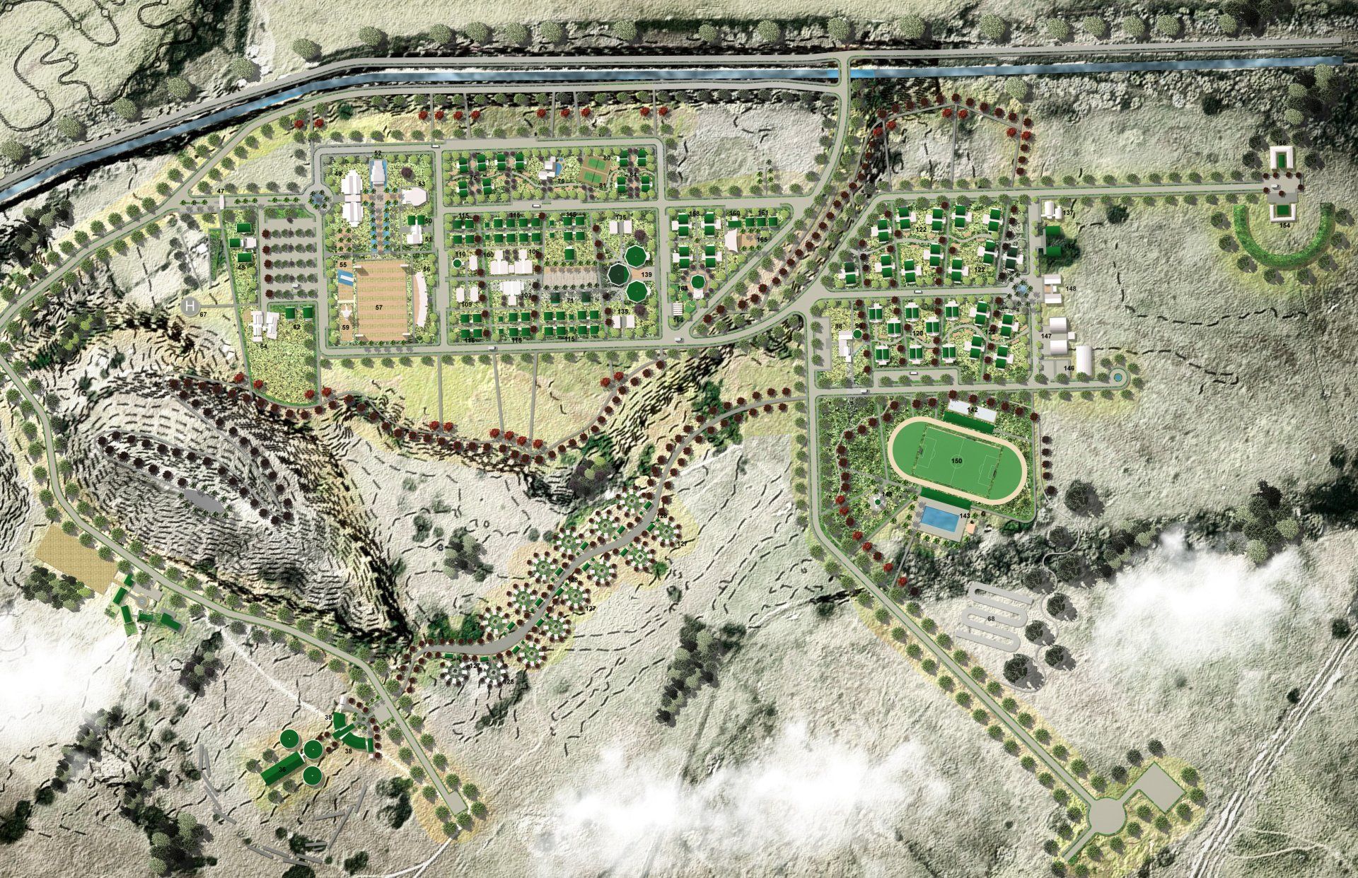 Una vista aérea de una ciudad con muchos edificios y árboles.