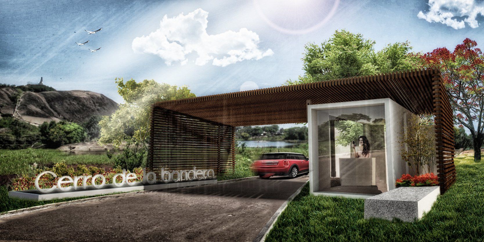 Una impresión artística de un edificio con un coche aparcado delante.