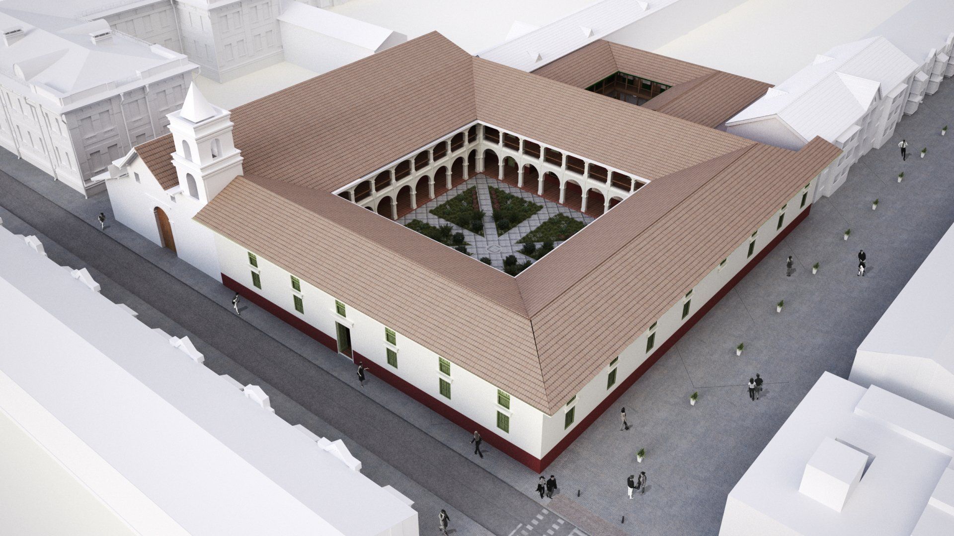 Una vista aérea de un edificio con techo marrón