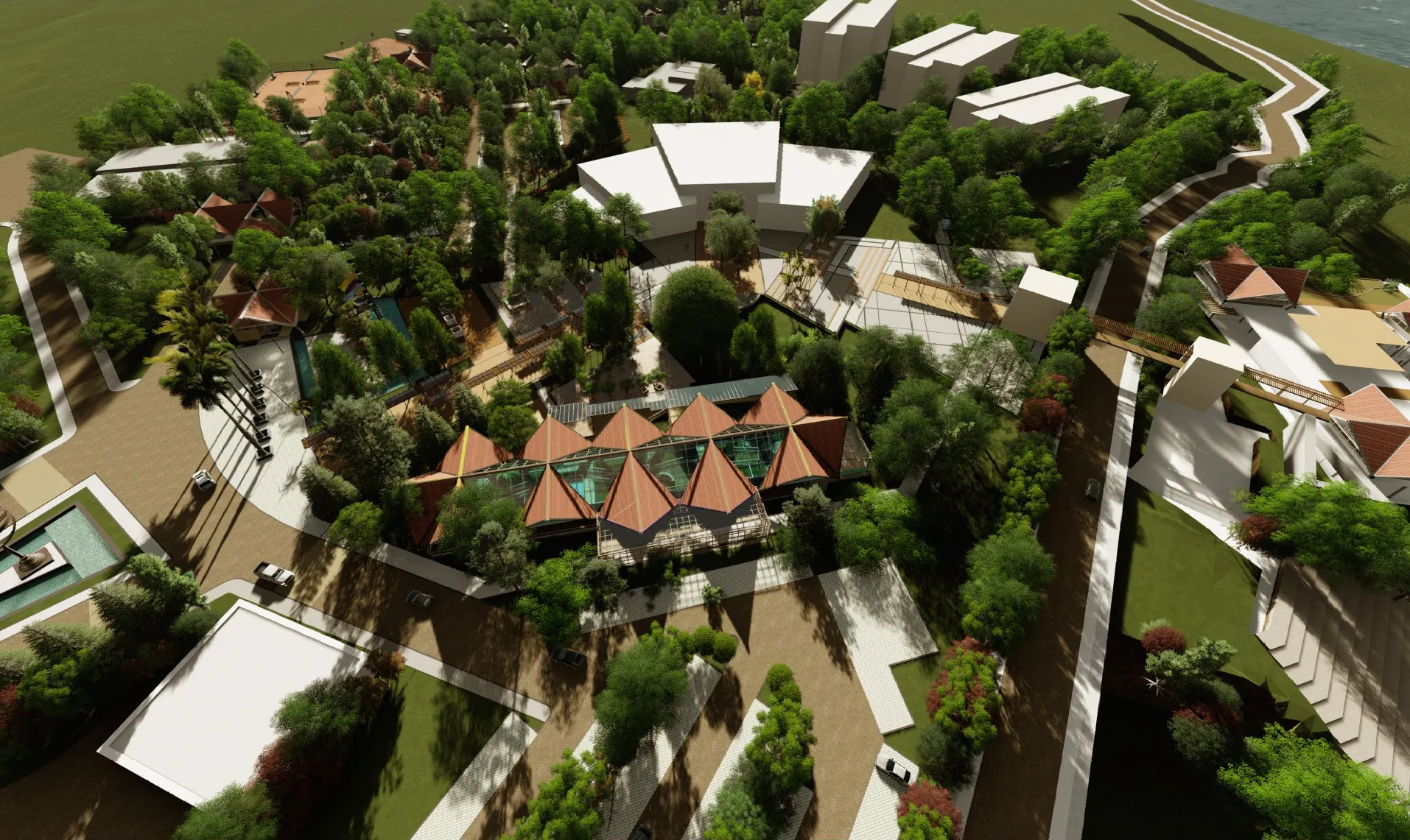 Una vista aérea de un parque con muchos árboles y edificios