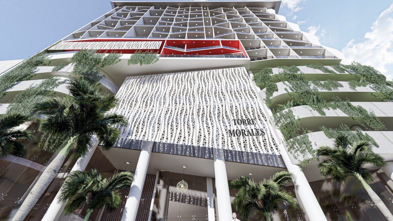 La impresión artística de un edificio alto con palmeras frente a él.